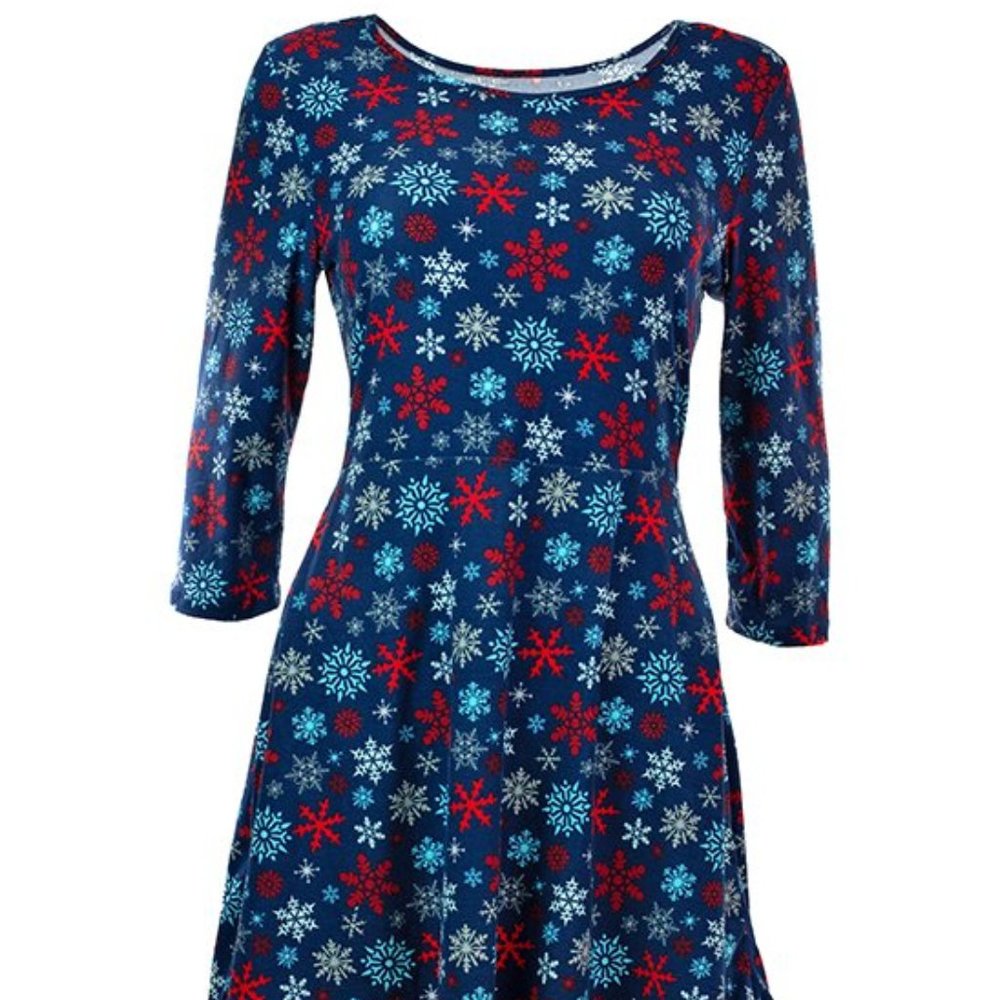 NWT Navy & Red Snowflakes Long-Sleeve A-Line Dress - M